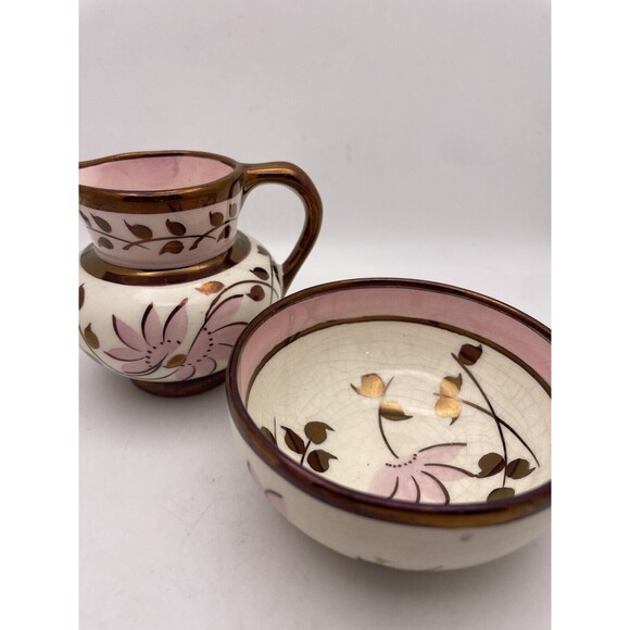 Staffordshire U.K. Pink Copper Luster Small Pitcher Bowl Old Castle Early 1900's - Picture 1 of 7